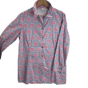 Patty Kim‎ Women's Button Up Shirt Large Pink/Blue, Ruffle Collar Pearl Buttons